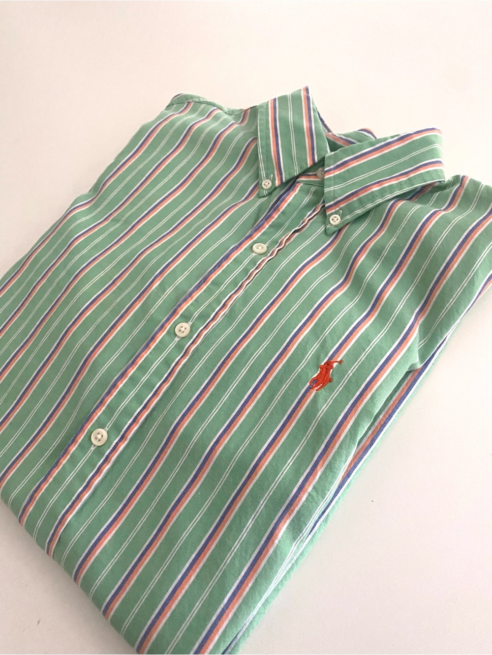 Ralph Lauren Mint Green Stripe Button-Down Shirt with Coral Polo Pony